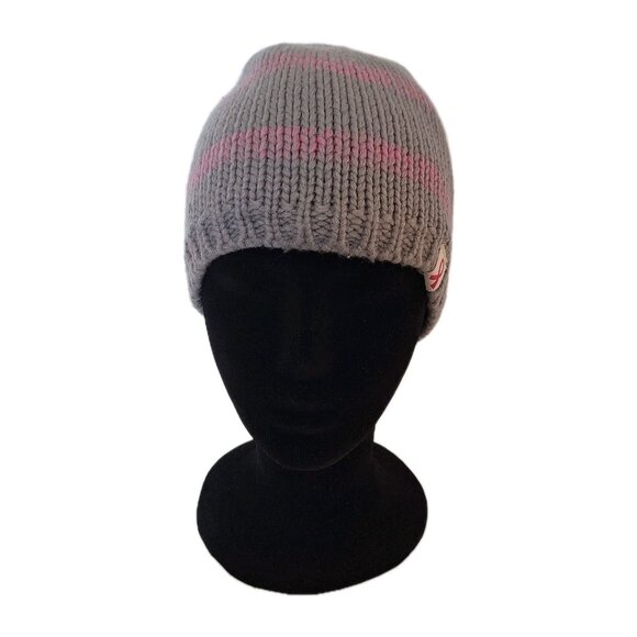 👠 5 for $25 PINK RIBBON FLEECE LINED GREY PINK STRIPED BEANIE - Picture 1 of 7